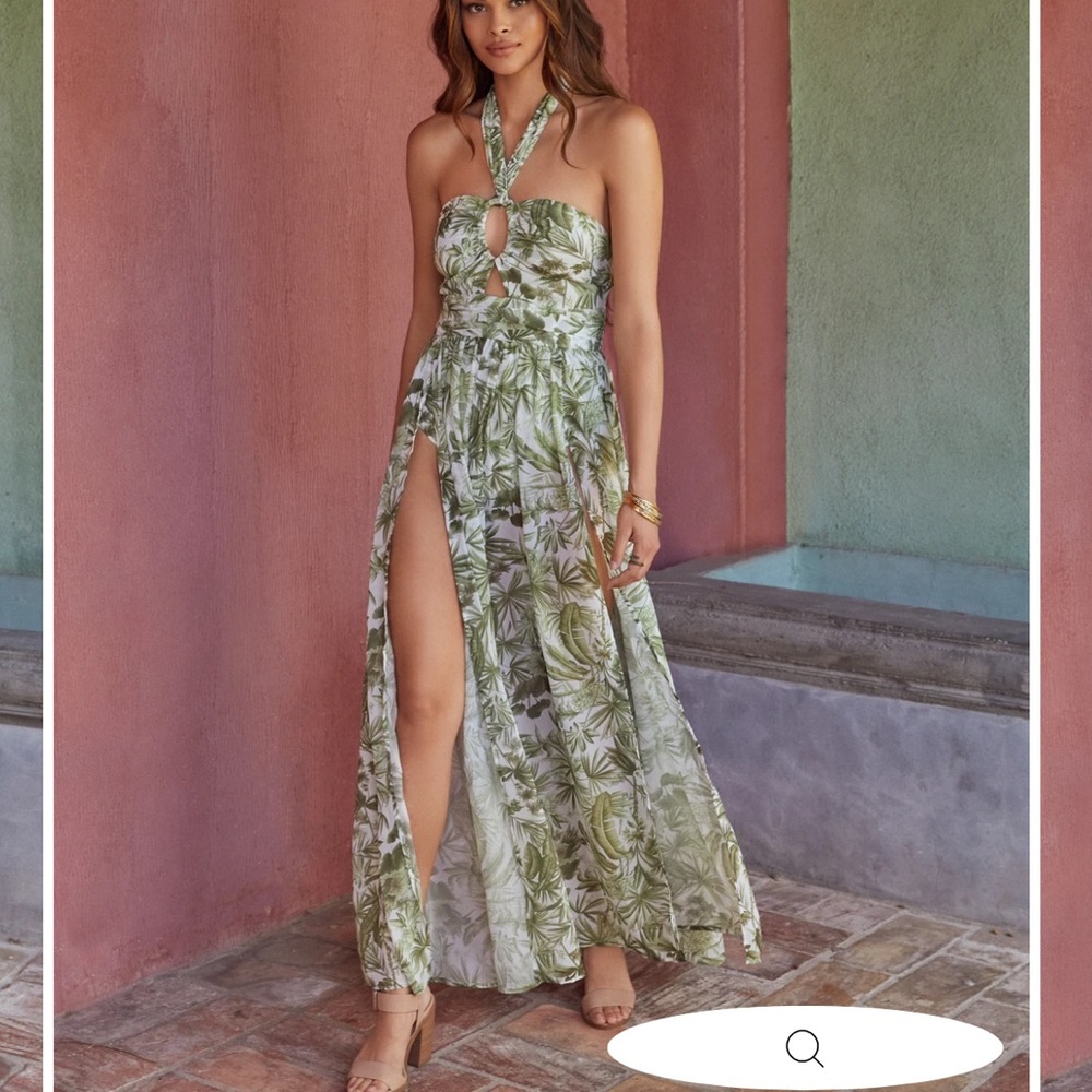 Vici MALDIVES PALM PRINT HALTER SLIT MAXI DRESS